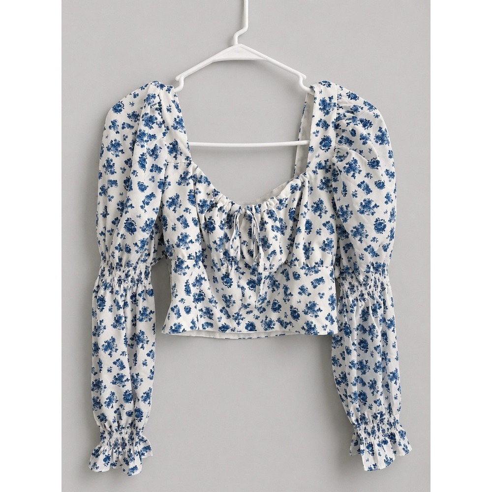 Romantic Blue Floral Milkmaid Corset Top Coquette Cottagecore Puff Sleeve Fairy